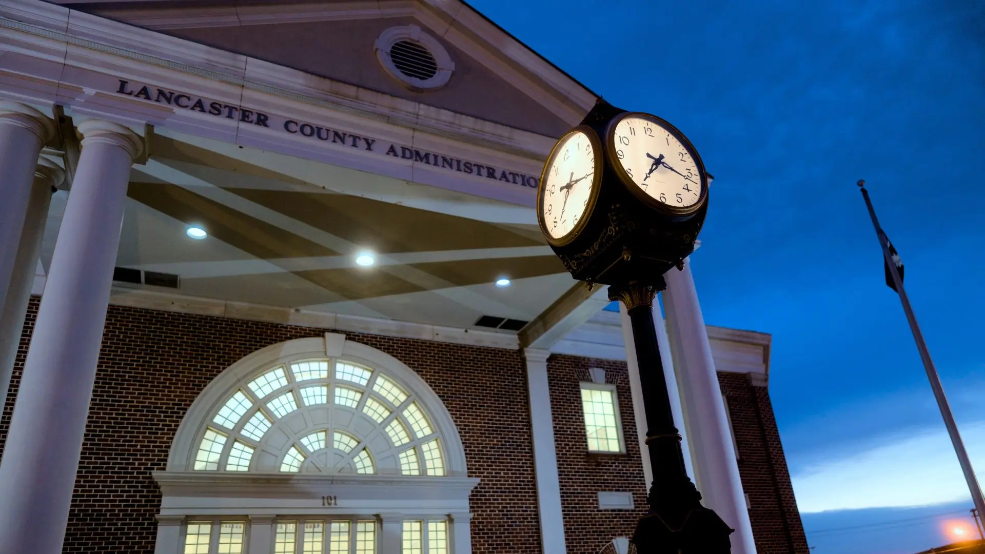 photo of the Lancaster County Administrative Building in Lancaster SC taken at sunrise